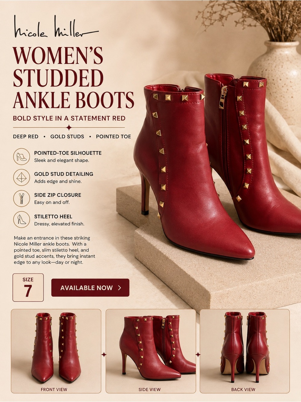 Nicole Miller Red Studded Pointed Toe Stiletto Ankle Boots Size 7
